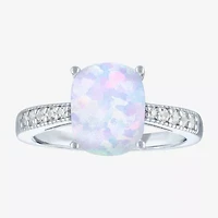 Womens Lab Created White Opal Sterling Silver Side Stone Solitaire Cocktail Ring