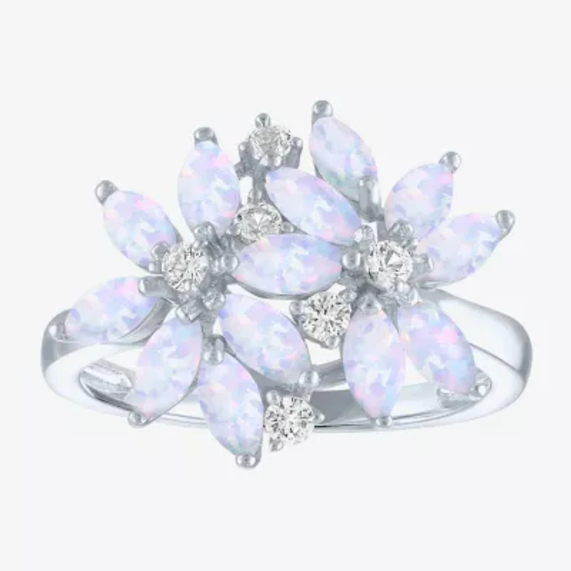 Womens Gemstone Sterling Silver Flower Cluster Cocktail Ring