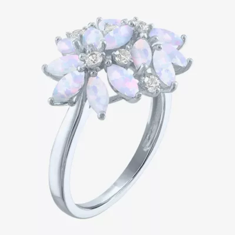 Womens Gemstone Sterling Silver Flower Cluster Cocktail Ring