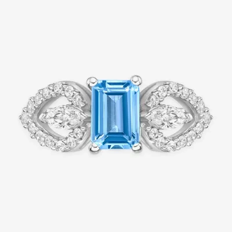 Womens Genuine Blue Aquamarine 10K White Gold Cocktail Ring