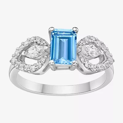 Womens Genuine Blue Aquamarine 10K White Gold Cocktail Ring