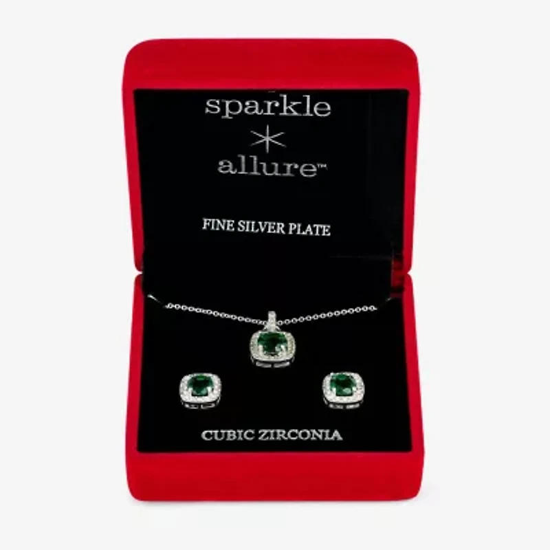Sparkle Allure Light Up Box Womens Green Cubic Zirconia Pure Silver Over Brass Cushion 3-pc. Jewelry Set