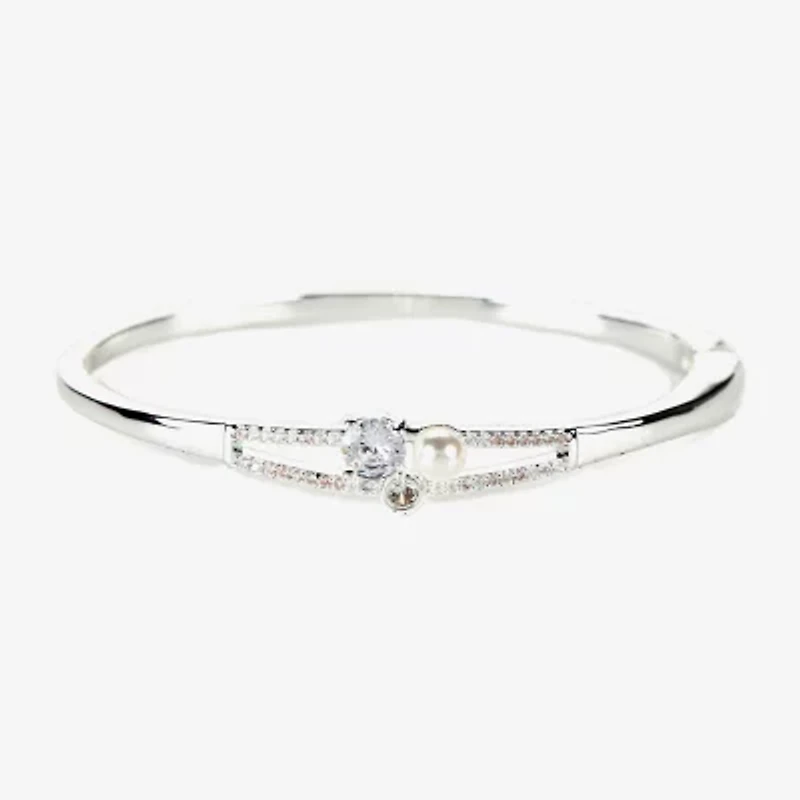Sparkle Allure Womens White Simulated Pearl Pure Silver Over Brass Round Bangle Bracelet