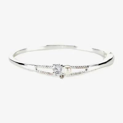 Sparkle Allure Womens White Simulated Pearl Pure Silver Over Brass Round Bangle Bracelet