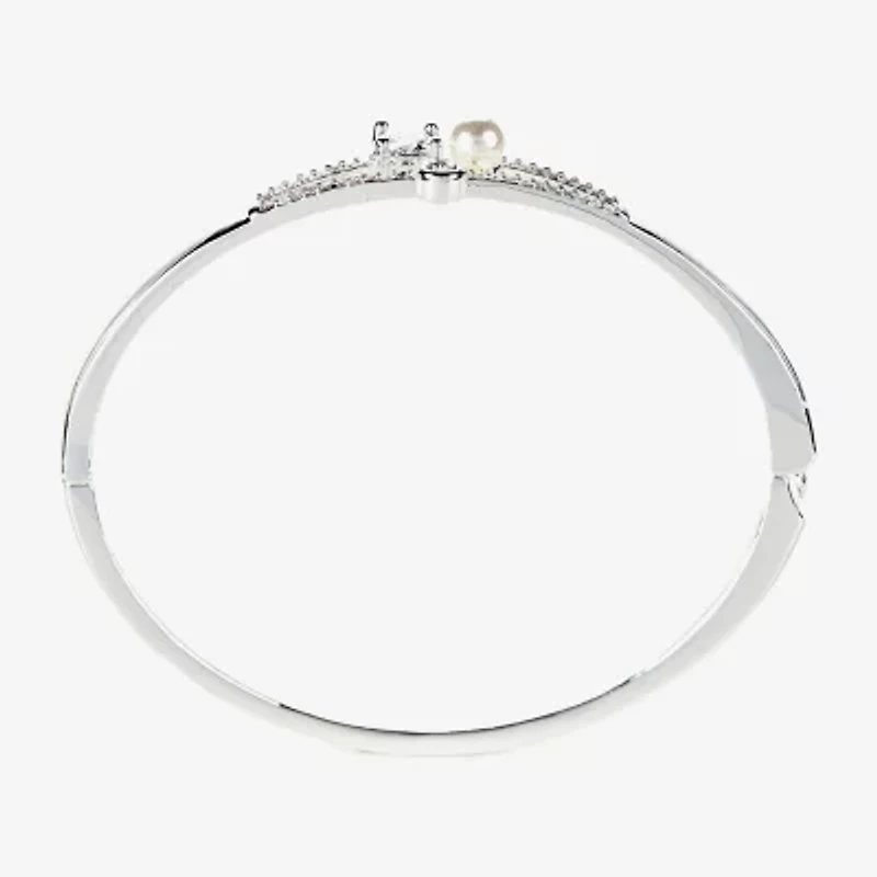 Sparkle Allure Womens White Simulated Pearl Pure Silver Over Brass Round Bangle Bracelet