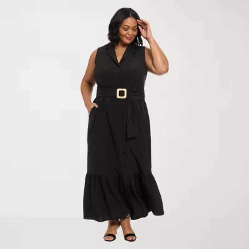 London Times Womens Sleeveless Maxi Dress Plus