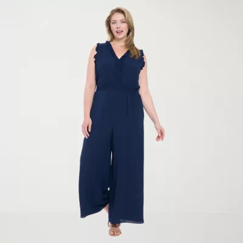 London Times Womens V Neck Sleeveless Plus Jumpsuit