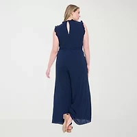 London Times Womens V Neck Sleeveless Plus Jumpsuit