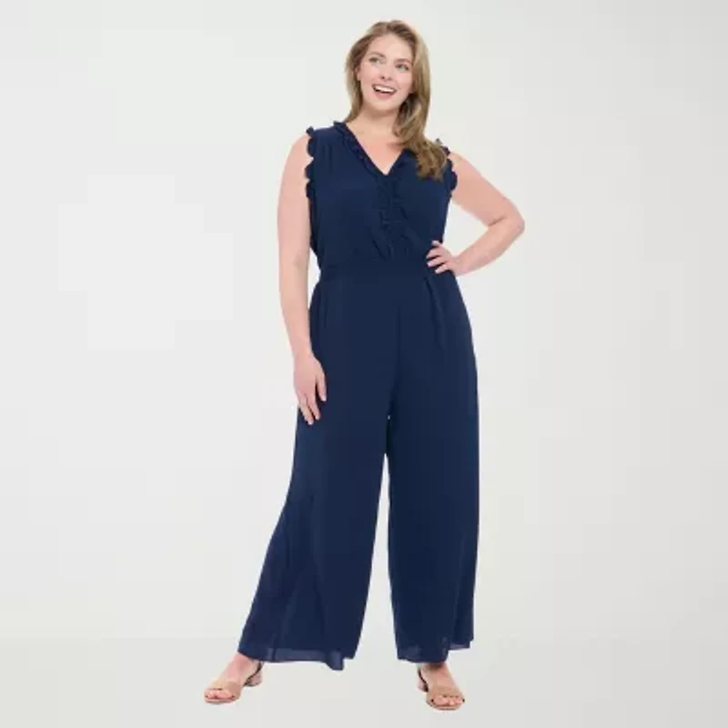 London Times Womens V Neck Sleeveless Plus Jumpsuit