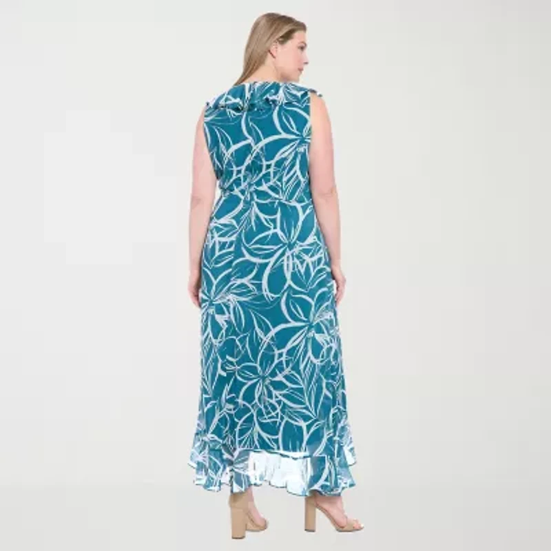 London Times Womens Sleeveless Abstract Maxi Dress Plus