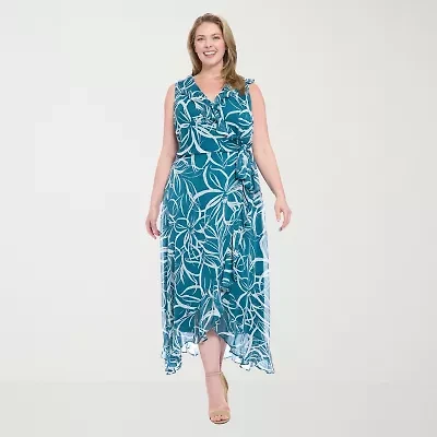 London Times Womens Sleeveless Abstract Maxi Dress Plus