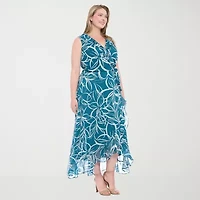 London Times Womens Sleeveless Abstract Maxi Dress Plus