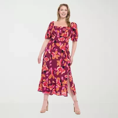 Clover And Sloane Womens Short Sleeve Floral Fit + Flare Dress Plus