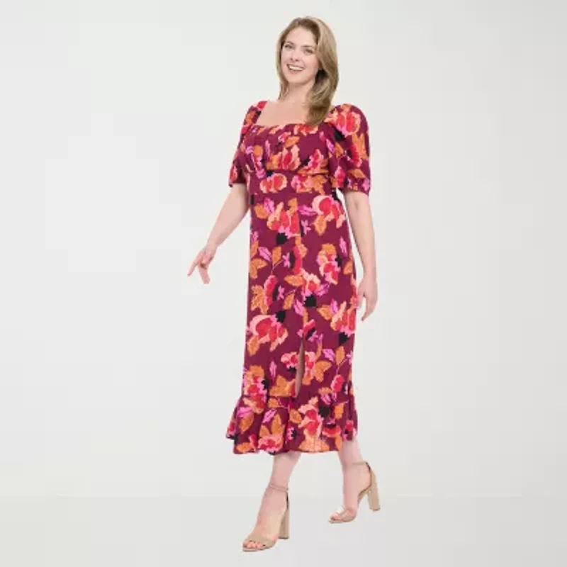 Clover And Sloane Womens Short Sleeve Floral Fit + Flare Dress Plus