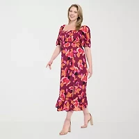 Clover And Sloane Womens Short Sleeve Floral Fit + Flare Dress Plus
