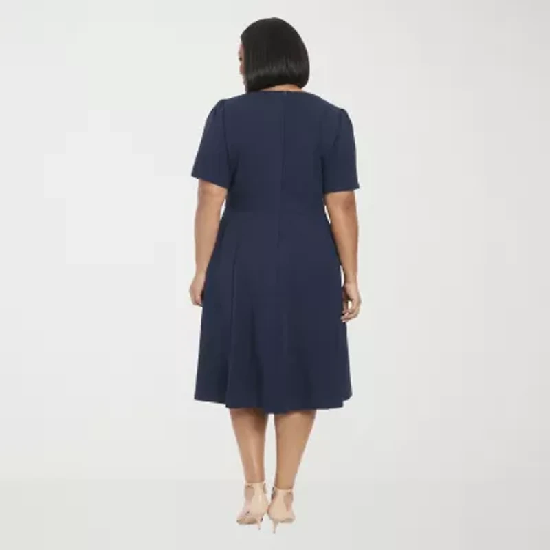 London Times Womens Short Sleeve Plus Fit + Flare Dress