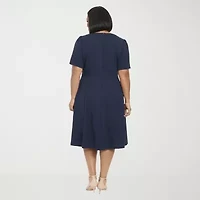 London Times Womens Short Sleeve Fit + Flare Dress Plus