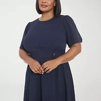 London Times Womens Short Sleeve Fit + Flare Dress Plus
