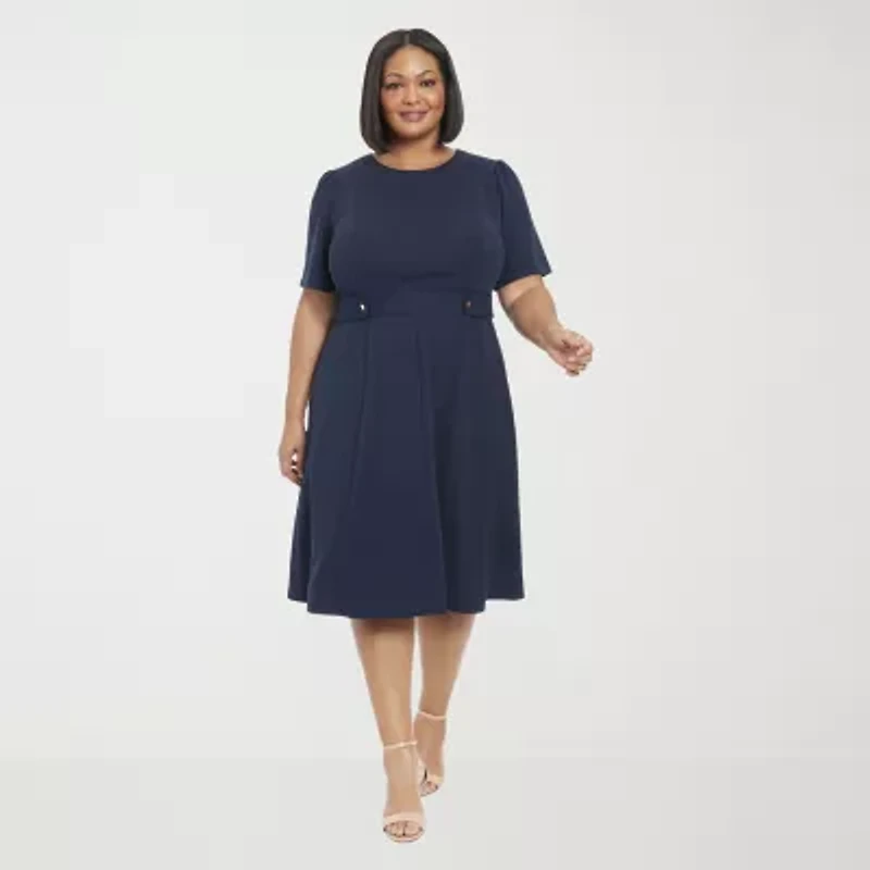 London Times Womens Short Sleeve Fit + Flare Dress Plus
