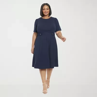London Times Womens Short Sleeve Fit + Flare Dress Plus