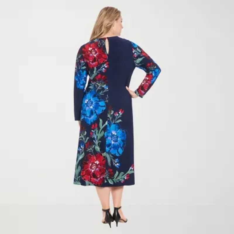London Times Womens Long Sleeve Midi Floral Plus Shift Dress