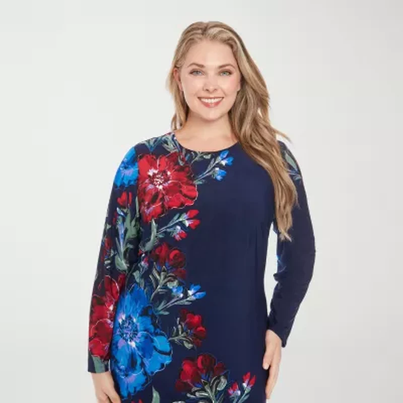 London Times Womens Long Sleeve Midi Floral Plus Shift Dress