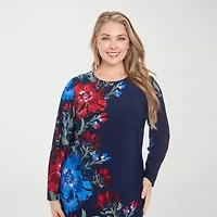 London Times Womens Long Sleeve Midi Floral Plus Shift Dress
