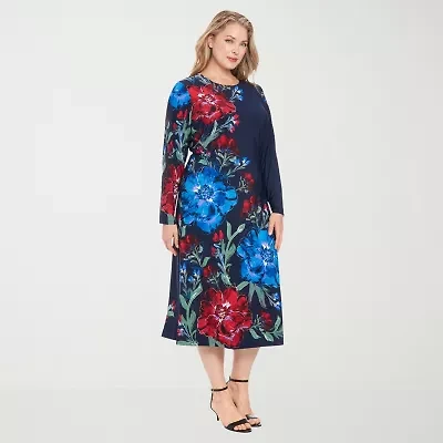 London Times Womens Long Sleeve Midi Floral Plus Shift Dress