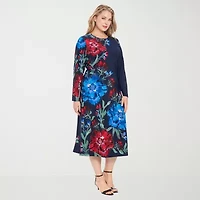 London Times Womens Long Sleeve Midi Floral Plus Shift Dress