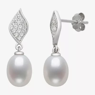 Womens White Cultured Freshwater Pearl Sterling Silver Drop Earrings