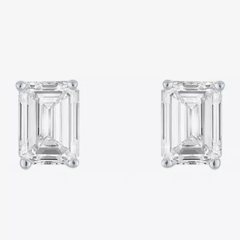 ( E-F/Si1-Si2 ) 1 CT. T.W. Lab-Grown Diamond 10K Gold 5.9mm Emerald Stud Earrings
