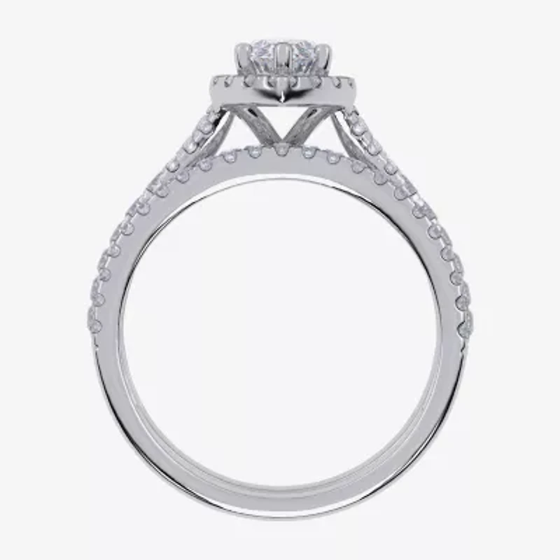 G / Vs2-Si1) Womens 1 CT. T.W. Lab Grown White Diamond 10K Gold Marquise Side Stone Halo Bridal Set