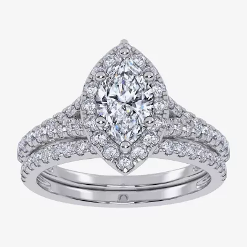 G / Vs2-Si1) Womens 1 CT. T.W. Lab Grown White Diamond 10K Gold Marquise Side Stone Halo Bridal Set