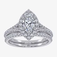 G / Vs2-Si1) Womens 1 CT. T.W. Lab Grown White Diamond 10K Gold Marquise Side Stone Halo Bridal Set