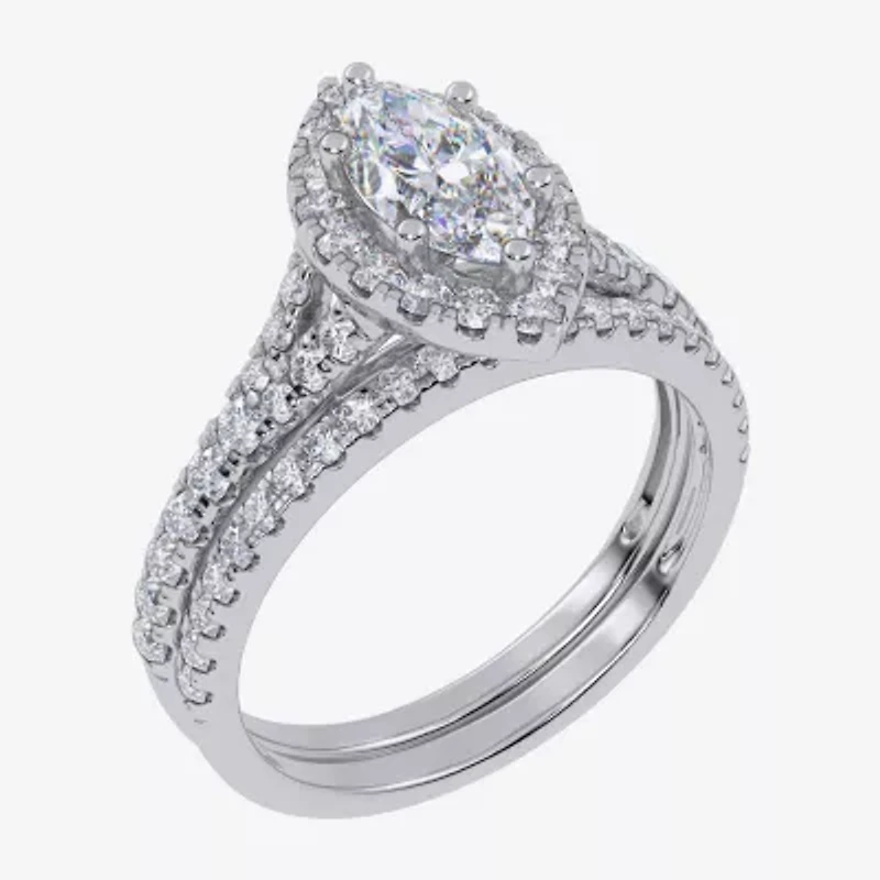 G / Vs2-Si1) Womens 1 CT. T.W. Lab Grown White Diamond 10K Gold Marquise Side Stone Halo Bridal Set