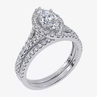G / Vs2-Si1) Womens 1 CT. T.W. Lab Grown White Diamond 10K Gold Marquise Side Stone Halo Bridal Set