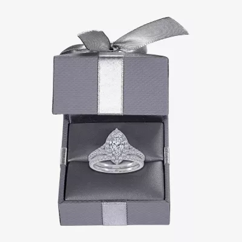 G / Vs2-Si1) Womens 1 CT. T.W. Lab Grown White Diamond 10K Gold Marquise Side Stone Halo Bridal Set