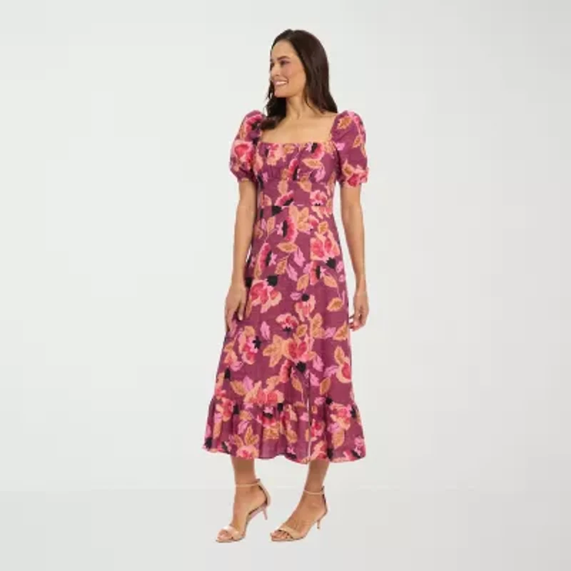 Clover And Sloane Womens Short Sleeve Floral Petite Fit + Flare Dress