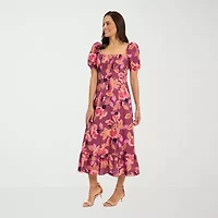Clover And Sloane Womens Short Sleeve Floral Fit + Flare Dress Petite