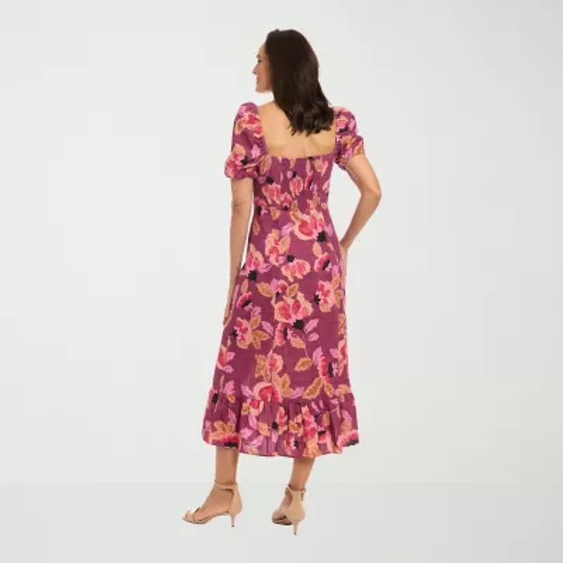 Clover And Sloane Womens Short Sleeve Floral Petite Fit + Flare Dress