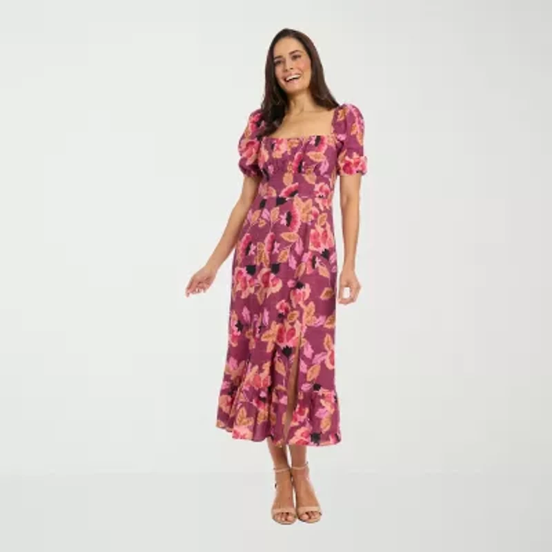 Clover And Sloane Womens Short Sleeve Floral Fit + Flare Dress Petite