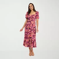 Clover And Sloane Womens Short Sleeve Floral Fit + Flare Dress Petite