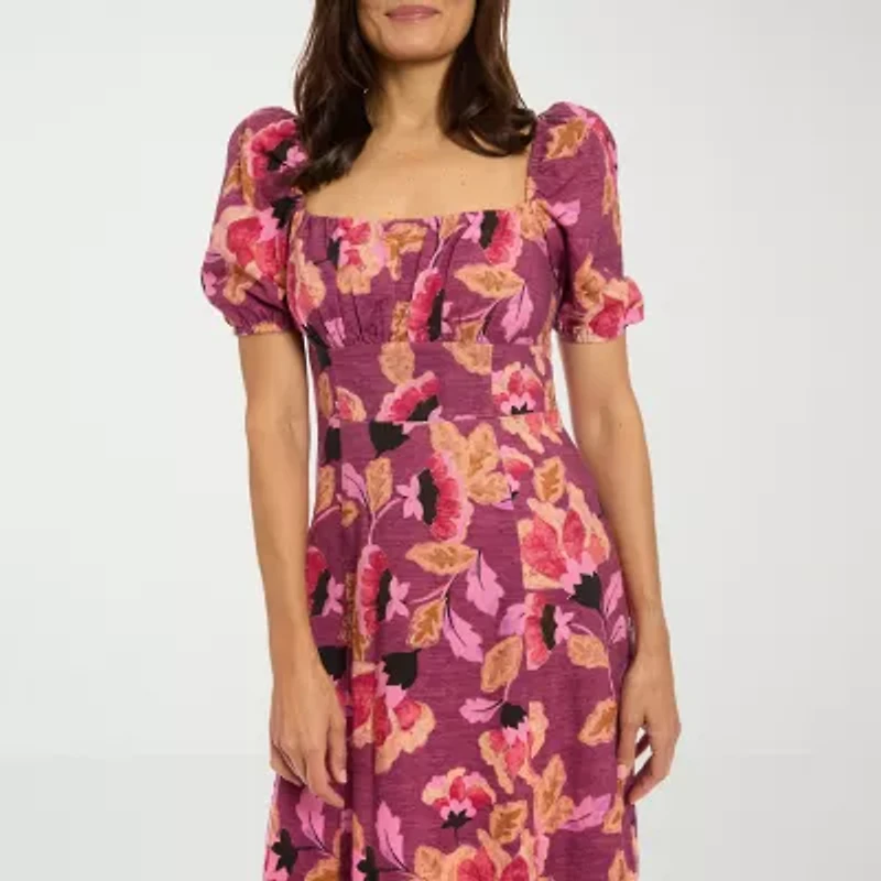 Clover And Sloane Womens Short Sleeve Floral Petite Fit + Flare Dress