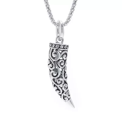 Filigree Horn Tusk Womens Sterling Silver 30 Inch Pendant Necklace