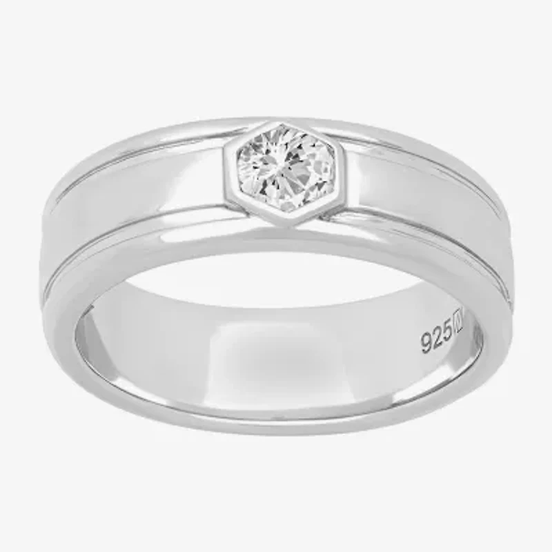 Mens 8MM 1 CT. Lab Created White Moissanite Sterling Silver Round Wedding Band