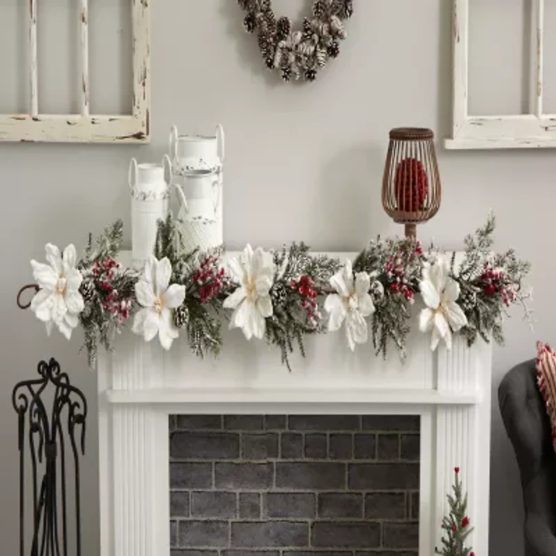 Nearly Natural 60” Frosted Magnolia & Berry Artificial Garland Flocked Christmas Indoor Garland