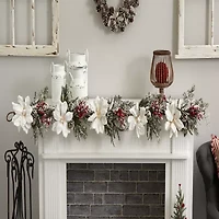 Nearly Natural 60” Frosted Magnolia & Berry Artificial Garland Flocked Christmas Indoor Garland