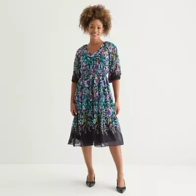 Danny & Nicole Womens 3/4 Sleeve Floral Midi Fit + Flare Dress