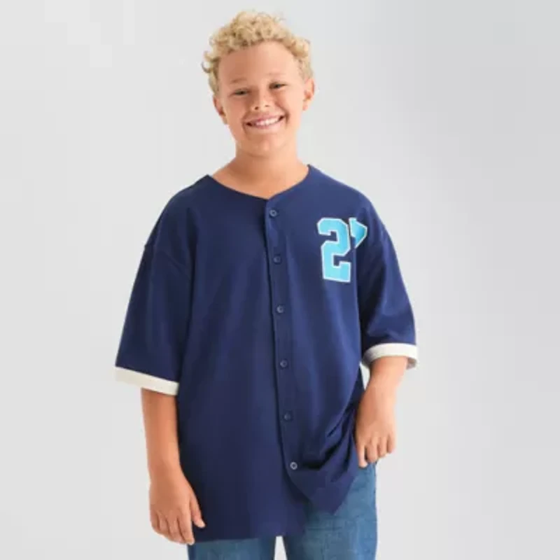 Thereabouts Jersey Little & Big Kid Boys Crew Neck Short Sleeve Regular Fit Button-Down Shirt