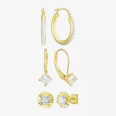 Womens Cubic Zirconia 10K Gold Round 3 Pair Earring Set